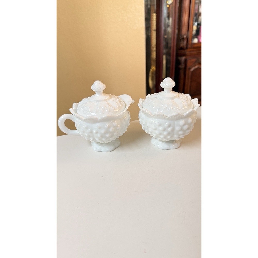 Vintage Fenton Hobnail Milk Glass Scalloped Cream and Sugar Set with lids